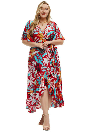 Czerwona Dekolt V Plus Size Sukienki Letnie z Krótki Rękaw